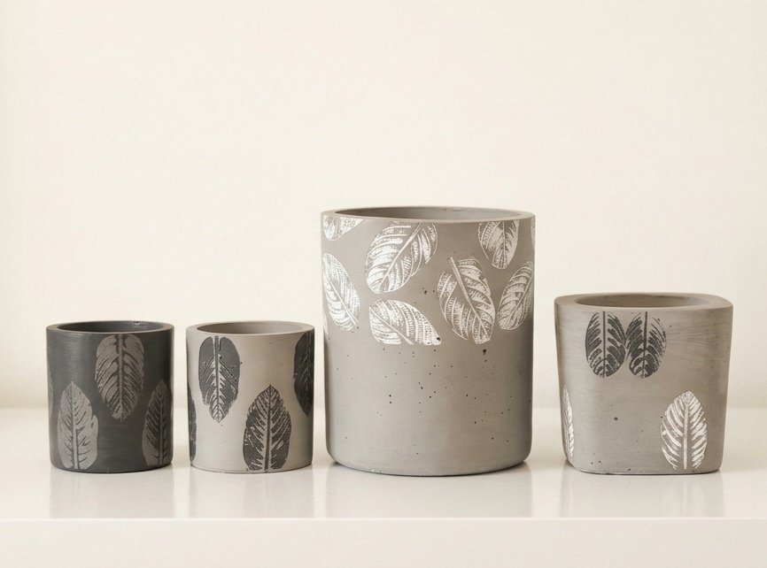 Neutral Leaf Motif Concrete Pots Set