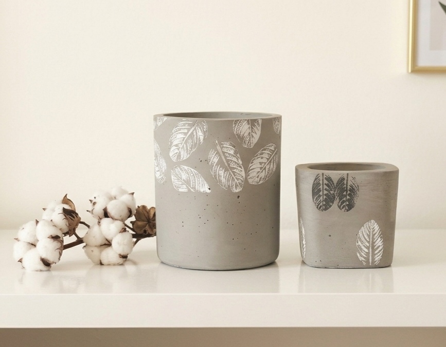 Neutral Leaf Motif Concrete Pots